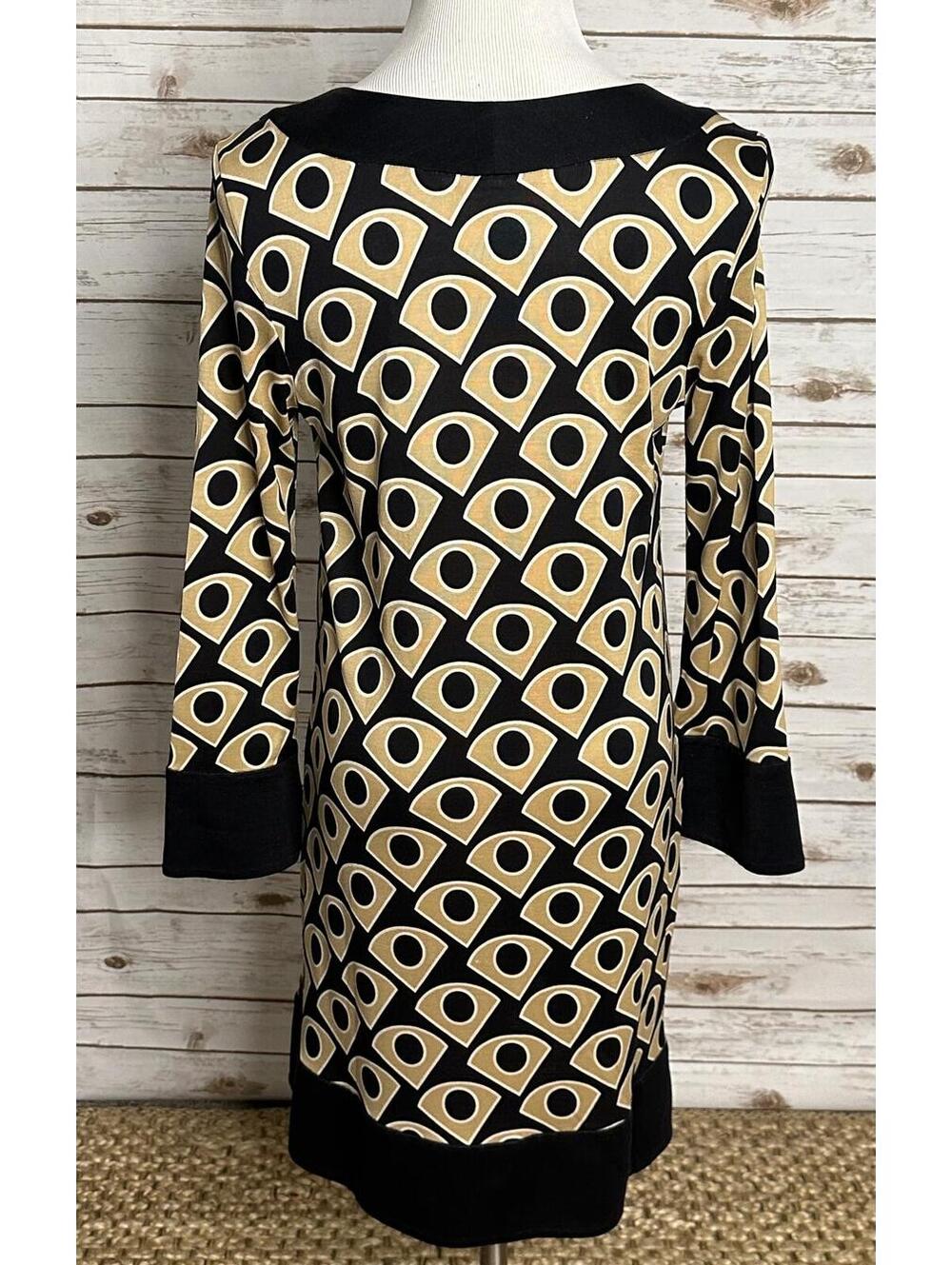 Diane von Furstenburg silk shift dress Size 10 black/gold geometric mod retro - Picture 7 of 8